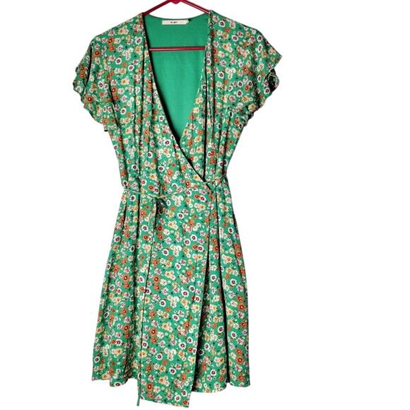 Mi Ami Green Floral True Wrap Dress M Lined Boho Cottagecore Flutter Sleeve Soft - Picture 9 of 10